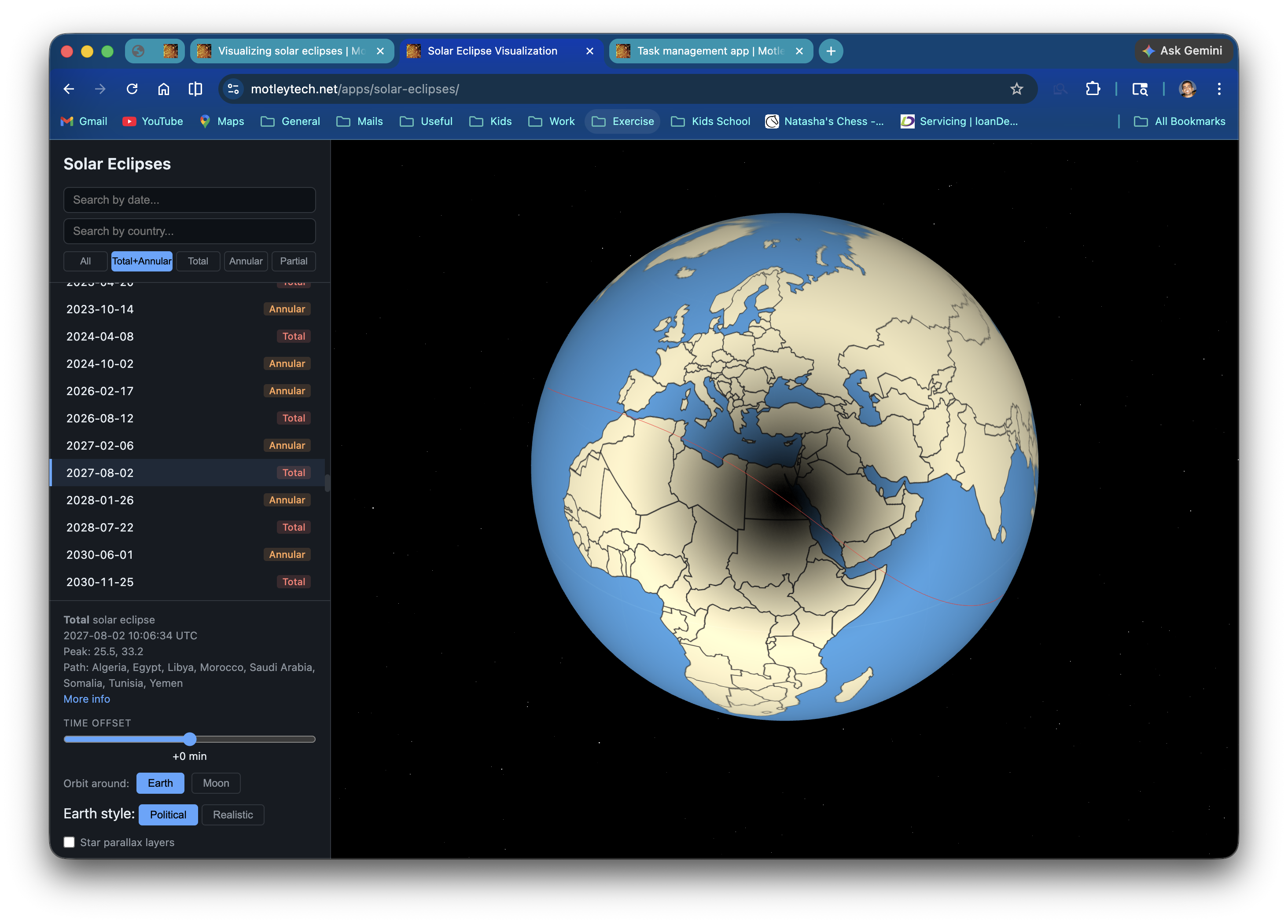 Screenshot of the solar eclipses app